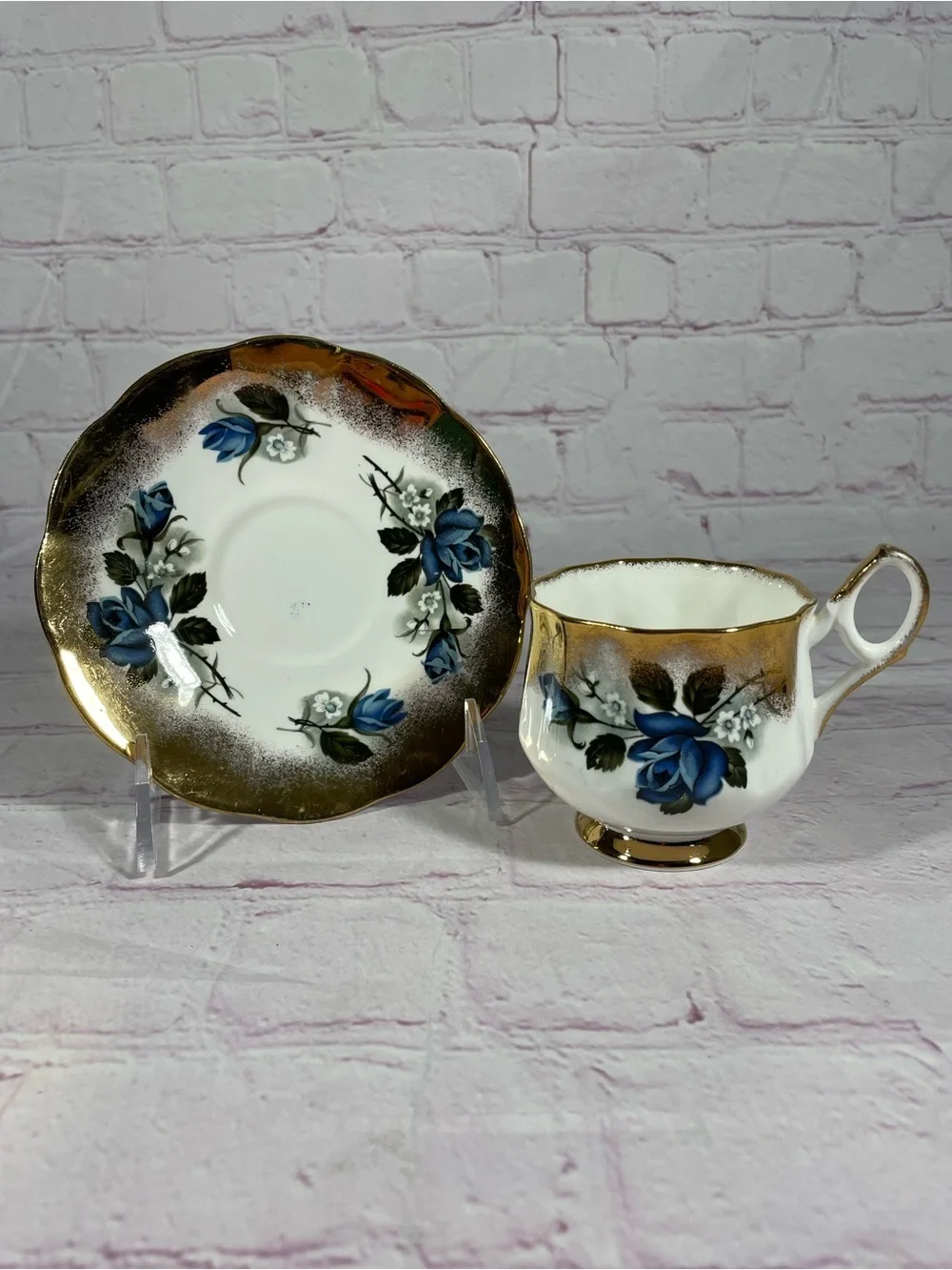 Vintage Taylor & Kent Elizabethan Blue Floral Gold Gilt Teacup and Saucer Set